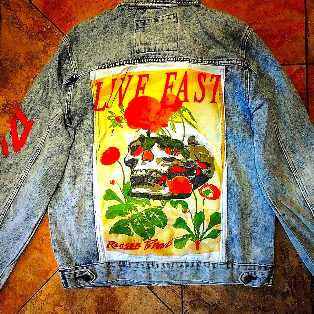 COPY - Brand New Designer blue jean Jacket with beautiful art work painted on b…